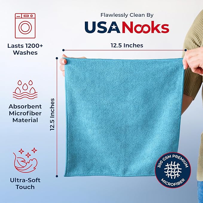 USANOOKS Microfiber Cleaning Cloth - Turq - 100Pcs (12.5x12.5 inch) High Performance - 1200 Washes, Ultra Absorbent Car Towel Traps Grime & Liquid for Streak-Free Mirror Shine - car Washing Cloth