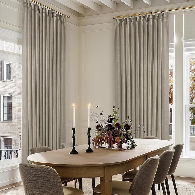 Taupe Burlywood Pinch Pleat Linen Curtains 102 Inches Long 70 Inch Wide for Patio Sliding Door Light Filtering Semi Sheer Pleated Drapes Back Tab Extra Wide 70 x 102 Curtain for Living Dining Room