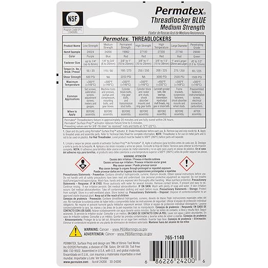 Permatex 24200 Medium Strength Threadlocker Blue, 6 ml, Automotive Threadlocker For Preventing Bolts From Loosening And Corrosion, Removable With Hand Tools