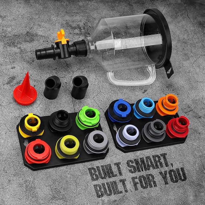 18-Piece No Spill Engine Oil Funnel Kit, 1.59QT/ 1.5L Automotive Coolant Funnel Set, 12 Adapters, Elbow Fitting, Arrow Screen & Magnetic Tray, Compatible with GM, Ford, BMW, Audi, Land Rover Etc