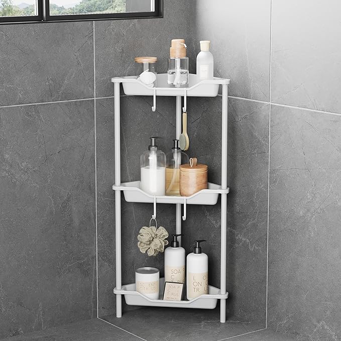 ODesign 3 Tier Corner Shower Caddy Standing Floor Standing Corner Shower Caddy Organizer Shower Table Plastic Metal Splicing Shelf Storage Rack for Bathroom White- Rustproof
