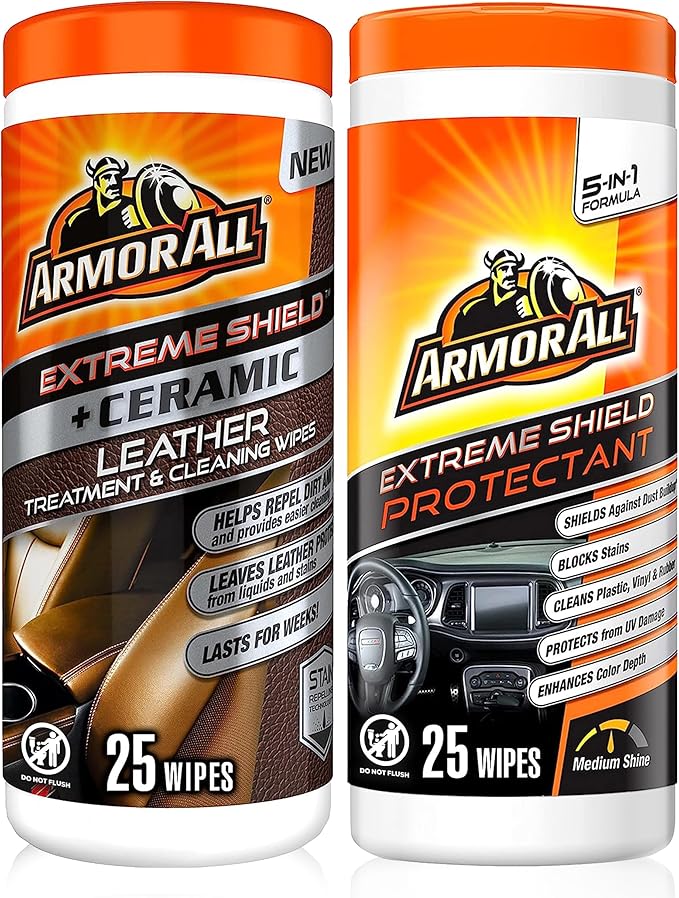 Armor All Ceramic Car Leather Cleaning Wipes, Use on Heated Seats and Leather Surfaces, Includes Ceramic Leather and Extreme Protectant Wipes - 2 Count