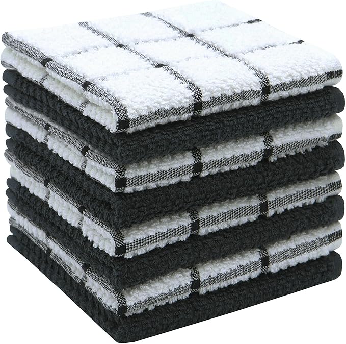 Cotton Cleaning Rags Terry Dish Cloths for Washing Dishes, Set of 8 Dish Rags for Cleaning, Light and Soft Dish Towels for Kitchen Drying Dishes, 12 Inch x 12 Inch (Black Set)