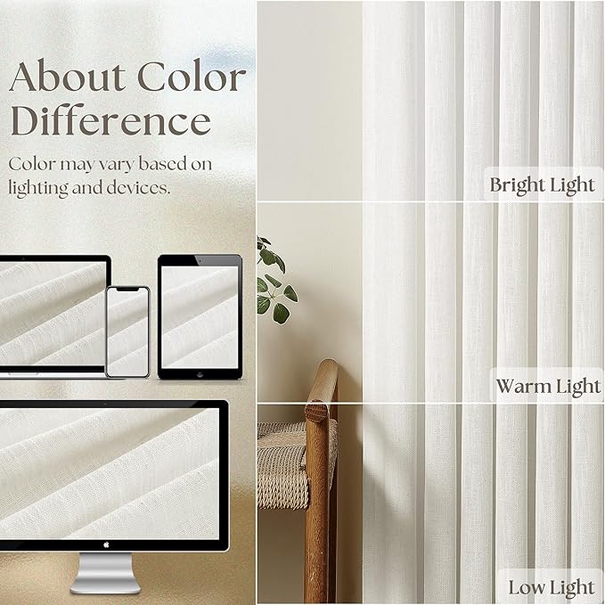Thick Linen Semi Sheer Curtains 90 Inches Long for Living Room Bedroom Light Filtering Beige Off White Textured Burlap Pinch Pleated Curtains 90 Length Hooks Rings Back Tab for Sliding Door 2 Panels