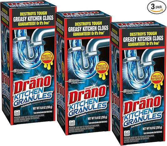 Drano Kitchen Granules Clog Remover, 8.8 oz (Pack of 3)