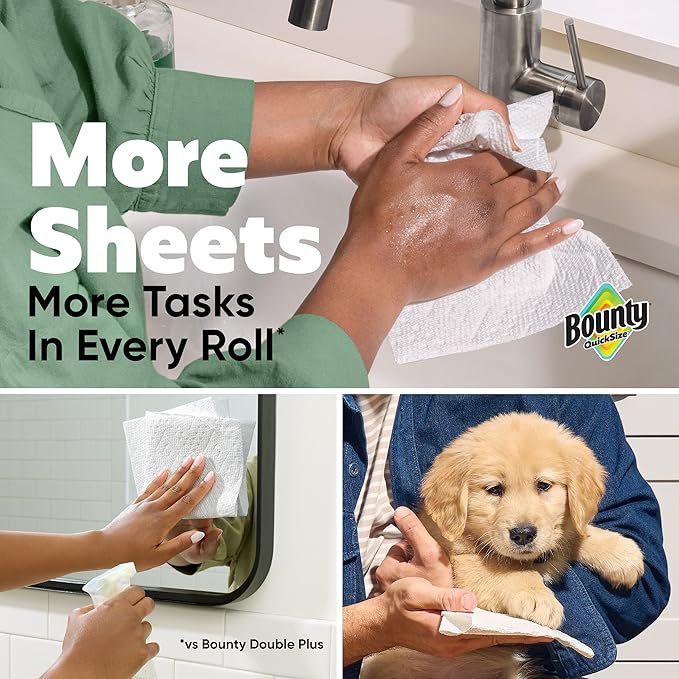 Bounty Paper Towels Quick Size, White, 2 Family Triple Rolls = 6+ Regular Rolls