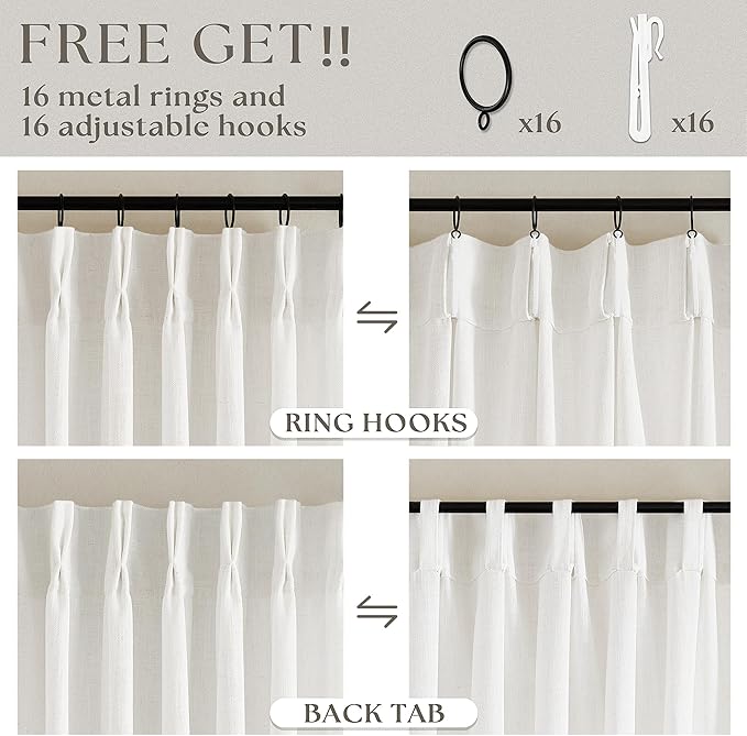 Beige White Pinch Pleated Linen Curtains 2 Panels 105 Inches Long for Living Room Bedroom Memory Shaped Semi Sheer Pleat Drapes with Hooks Rings Light Filtering Window Curtain 40x105