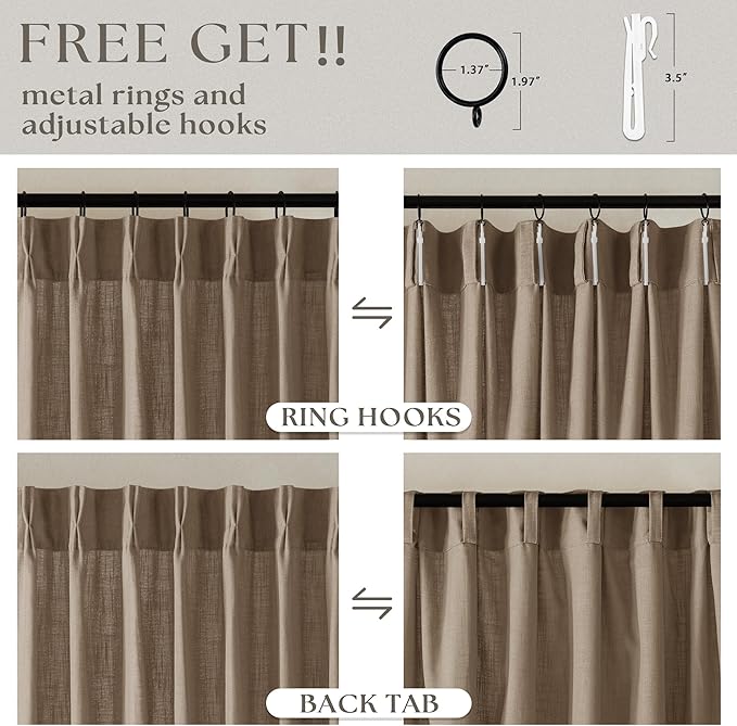 Light Brown 90 Inch Linen Curtains Pinch Pleated for Living Room Bedroom Dining Boho Light Filtering Pinch Pleat Drapes Hooks Rings Back Tab Semi Sheer Tan Latte Coffee Color Window Curtains 2 Panels
