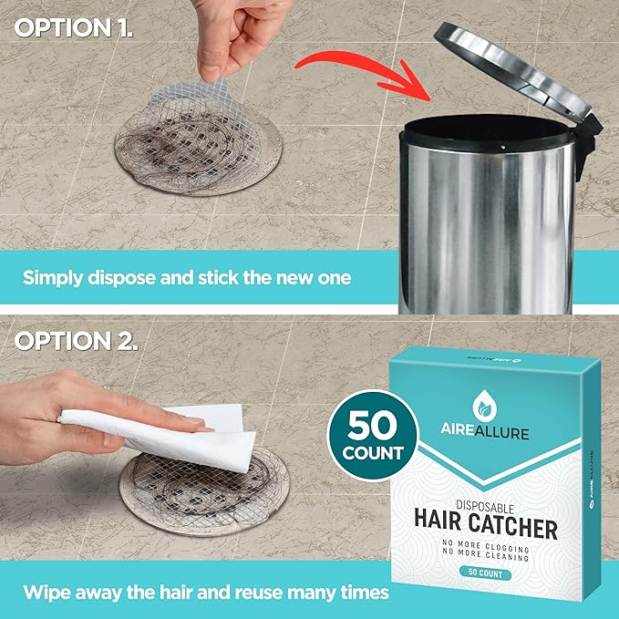 50 Pack Disposable Shower Drain Hair Catcher Mesh Stickers - Peel & Stick Drain Strainers to Prevent Clogs, Strong Waterproof Adhesive, Mess-Free Disposable Drain Covers for Shower & Bathtub