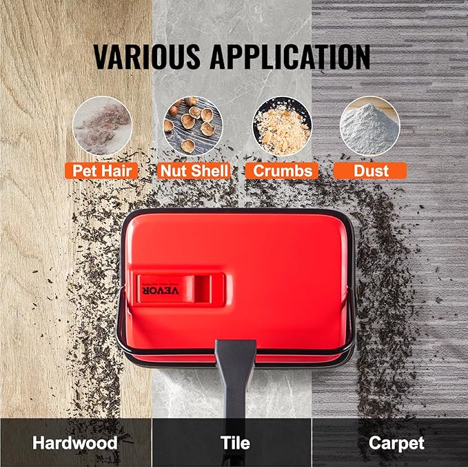 VEVOR Carpet Sweeper Manual, Floor Sweeper with 300 ml Dustbin Capacity Easy to Empty, 6.7 inch Cleaning Width for Home Office Carpets Pet Hair Dust, Red