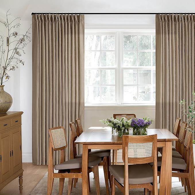 Light Brown 90 Inch Linen Curtains Pinch Pleated for Living Room Bedroom Dining Boho Light Filtering Pinch Pleat Drapes Hooks Rings Back Tab Semi Sheer Tan Latte Coffee Color Window Curtains 2 Panels