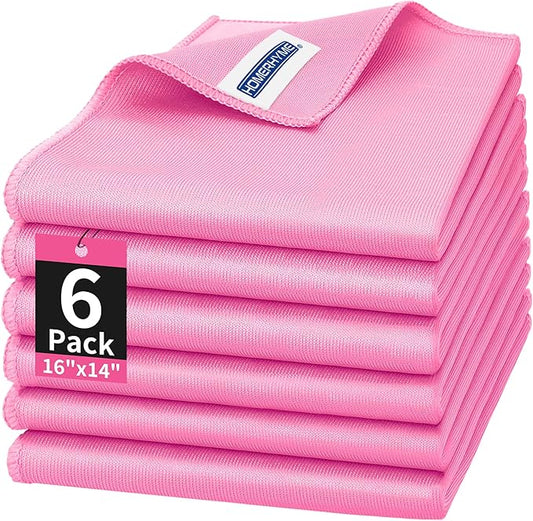 HOMERHYME Microfiber Cleaning Cloth - 6 Pack Glasses Cleaning Cloth, 16" x 14" Window Cleaning Rags, Streak Free Lint Free Polishing Cloths Wipes for Eye Glass, Stainless Steel, Windshield, Pink