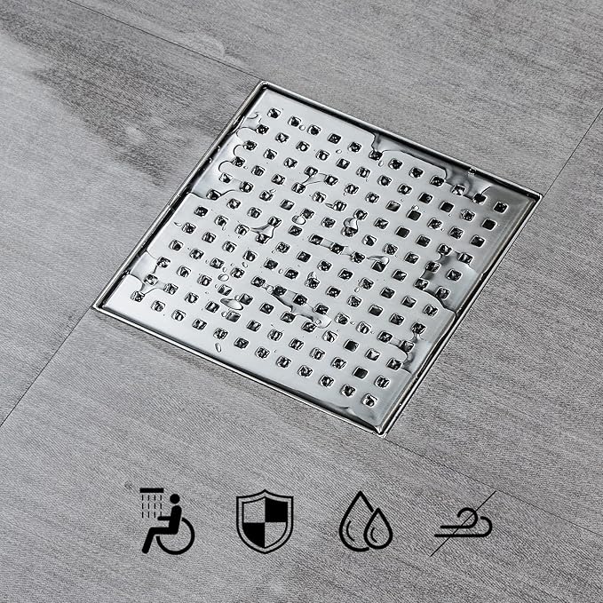 SaniteModar Square Shower Drain 6 inch Comes with Removable Square Hole Panel by Using 304 Stainless Steel Brushed Process. It is Equipped Hair Filter and Threaded Joint with Rubber Ring