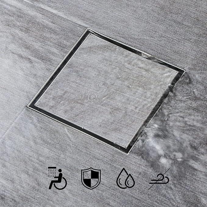 SaniteModar Shower Drain, Invisible 6 inch Square Shower Drain 2-in-1 Tile Insert Cover, 304 Stainless Steel Brushed Shower Floor Drain with Hair Catcher and Threaded Adapter