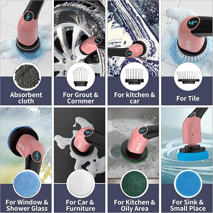 YKYI Electric Spin Scrubber-Cordless Power Scrubber with 8 Brush Heads, 3 Speeds & Adjustable Long Handle, IPX7 Waterproof Shower Cleaning Brush for Bathroom Tile, Bathtub, Grout, Kitchen(Pink)