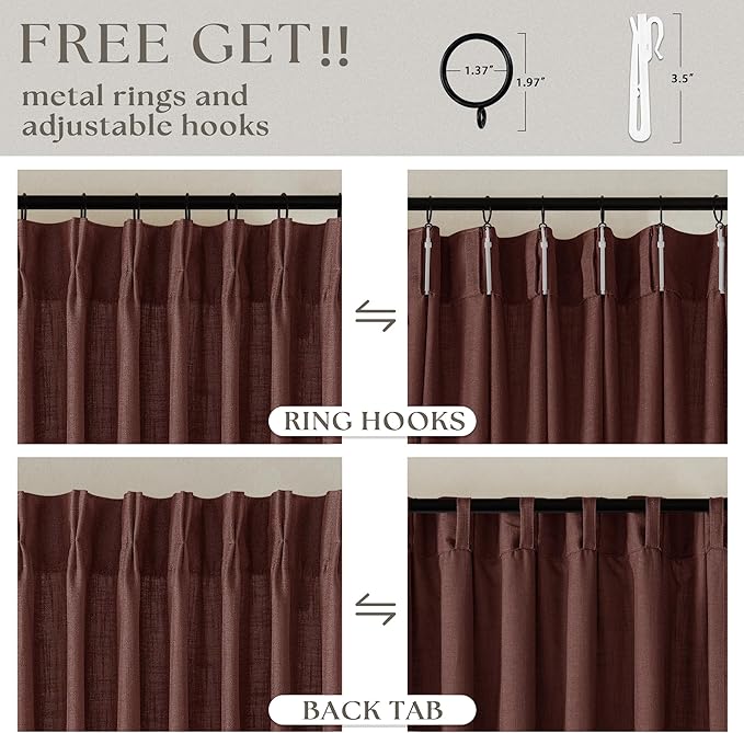 Brick Brown Pinch Pleated Linen Curtains 90 Inches Long for Living Room Bedroom 2 Panels Light Filtering Pinch Pleat Hooks Rings Back Tab Red Chestnut Country Farmhouse 90 Inch Window Curtain Drapes