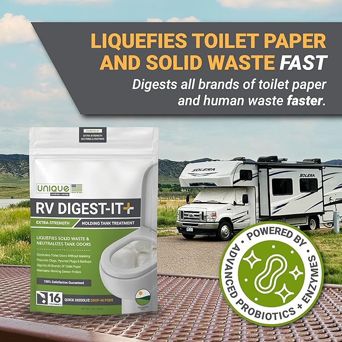 Unique RV Digest-It+ Extra-Strength RV Toilet Treatment Pod - Liquifies Waste and All Brands of Toilet Paper - Eliminates Odors at the Source (16 Pods)