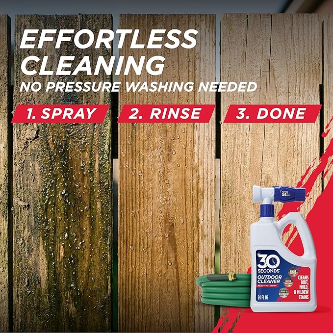 30 Seconds Outdoor Cleaner | Cleans Moss & Algae Stains from House, Vinyl Siding, Deck, Patio, Fence - 3 Capped Bottles, 1 Hose End Spray Attachment (64 Fl Oz (Pack of 3)