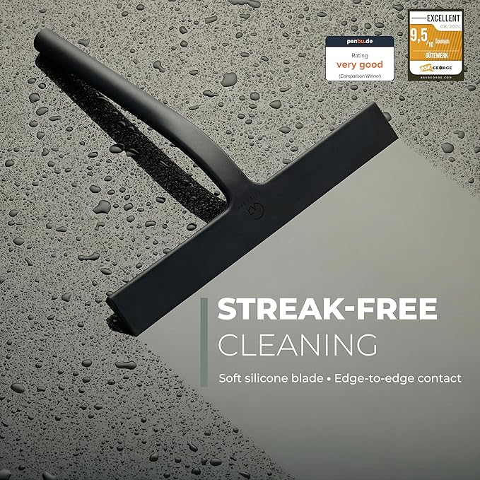 GÜTEWERK Shower Squeegee for Glass Doors, Silicone Window Squeegee, Bathroom and Glass Cleaning - Black - 13 Inch