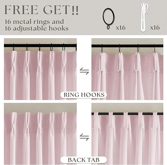 Baby Pink Linen Pinch Pleated Curtains 96 Inch Length 2 Panels for Girls Bedroom Nursery Soft Thick Linen Window Curtains 96 Inches Long Semi Sheer Light Filtering for Living Room Blush Dusty Pink