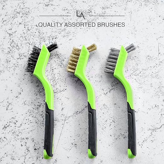 Wire Brush Set 3Pcs - Nylon/Brass/Stainless Steel Bristles with Curved Handle Grip for Rust, Dirt & Paint Scrubbing with Deep Cleaning – 7 Inches (Green)