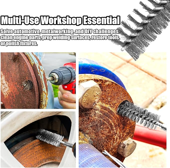 16-Piece Bore Brush Set - 304 Stainless Steel Drill Wire Bore Cleaning Brushes - 1/4" Hex Shank for Power Drills, Impact Drivers, Grinders (8/10/12/15/17/19/22/25mm)
