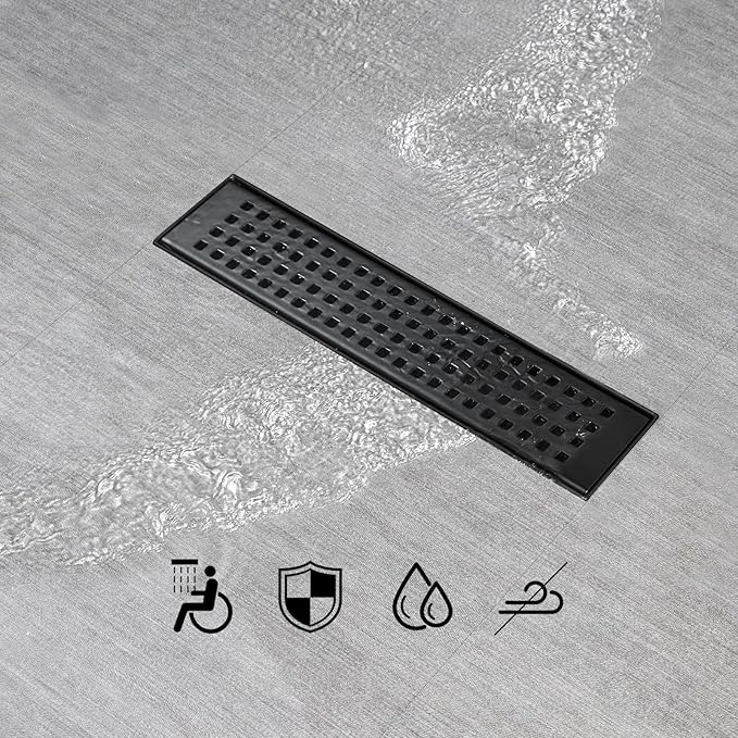 SaniteModar Linear Shower Drain, Black Shower Drain 12 inch with Square Hole Panel, Matte Black Linear Drain with Hair Strainer and Leveling feet