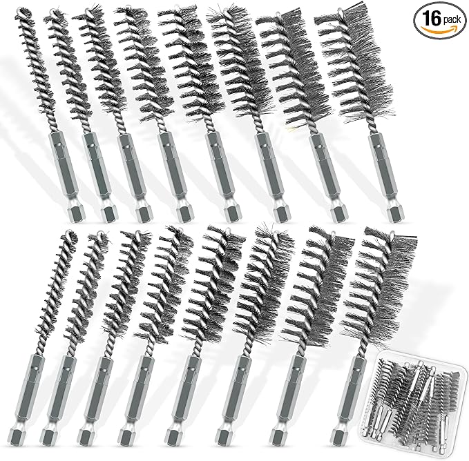 16-Piece Bore Brush Set - 304 Stainless Steel Drill Wire Bore Cleaning Brushes - 1/4" Hex Shank for Power Drills, Impact Drivers, Grinders (8/10/12/15/17/19/22/25mm)