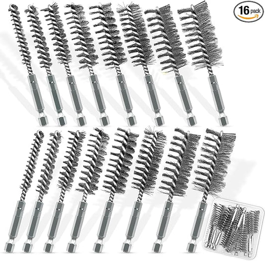 16-Piece Bore Brush Set - 304 Stainless Steel Drill Wire Bore Cleaning Brushes - 1/4" Hex Shank for Power Drills, Impact Drivers, Grinders (8/10/12/15/17/19/22/25mm)