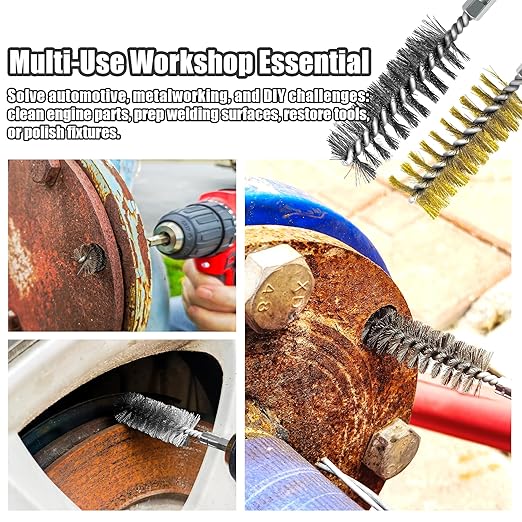 14-Piece Bore Brush Set - 304 Stainless Steel & Brass Drill Wire Bore Cleaning Brushes - 1/4" Hex Shank with Extension Bar for Power Drills, Impact Drivers, Grinders (8/10/12/15/17/19 mm)