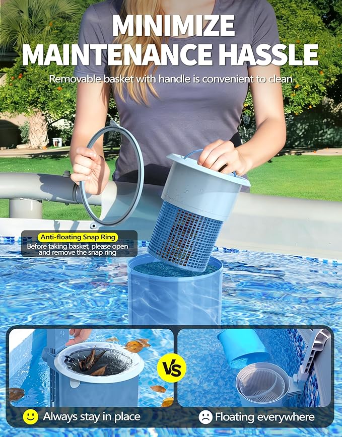 BluSwim Above Ground Pool Skimmer with Solar Digital Thermometer | Wall Mount Surface Skimmer - Auto Skimming Pool Floating Debris | 2 Upgraded Bracket - Stable&Height Adjustable-Steel Blue