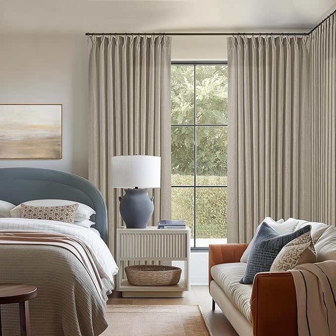 Taupe Burlywood Pinch Pleat Linen Curtains 102 Inches Long 70 Inch Wide for Patio Sliding Door Light Filtering Semi Sheer Pleated Drapes Back Tab Extra Wide 70 x 102 Curtain for Living Dining Room