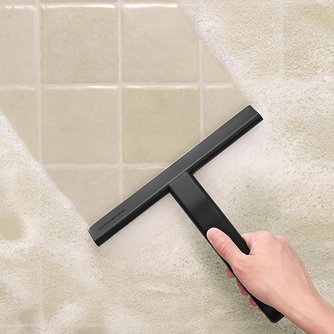 dancemoon JustHang Shower Squeegee for Glass Doors, All-in-One Piece Silicone Squeegee with Built-in Hook for Bathroom, Window, Mirror, Tile Wall, Car, Streak-Free Bathroom Cleaner Tool,10 Inch Black