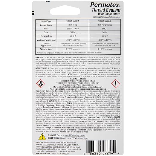 Permatex 59214 High Temperature Thread Sealant, 6 ml Tube