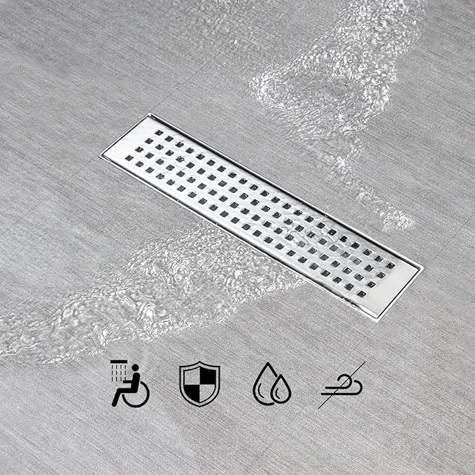 SaniteModar Shower Drain, 12 inch Linear Shower Drain with Removable Square Hole Panel, AISI 304 Stainless Steel Brushed Shower Floor Linear Drain with Adjustable Feet and Hair Strainer