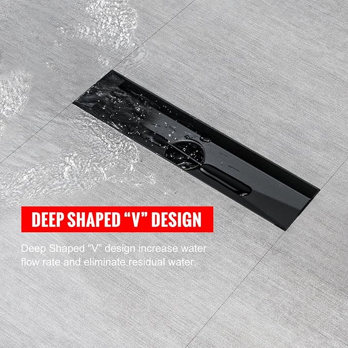 SaniteModar Linear Shower Drain, Black Shower Drain 12 inch with Square Hole Panel, Matte Black Linear Drain with Hair Strainer and Leveling feet