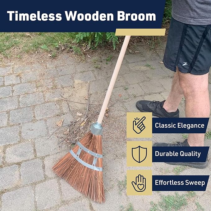 Outdoor Broom Heavy Duty 57” Broomstick with 12” Wide Brush - All Natural Water and Fire-Resistant Piassava Bristles and Wood Handle Brooms for Sweeping Indoor Garage and Garden by Kings County Tools
