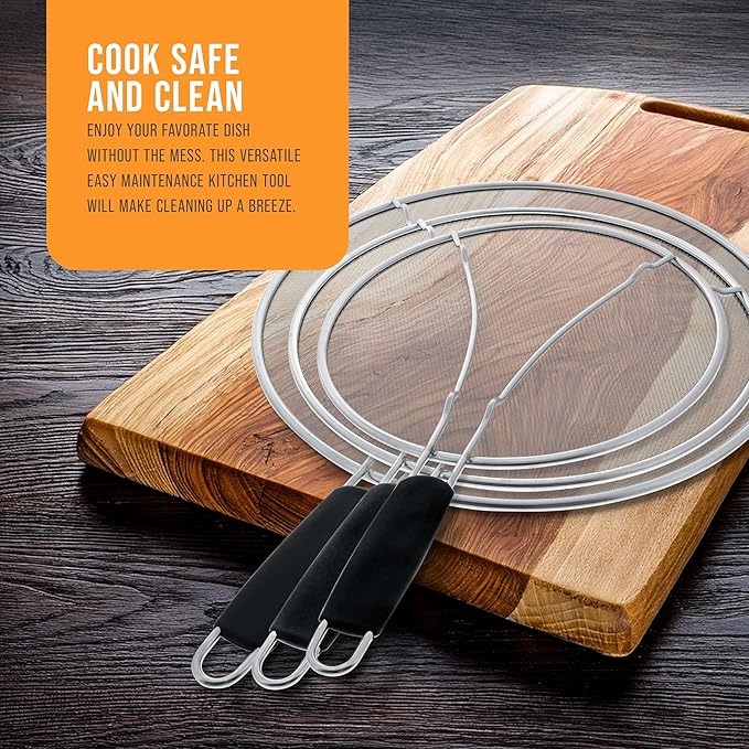 U.S. Kitchen Supply 3-Piece Stainless Steel Splatter Guard Set (13", 11.5", 9.5") Fine Mesh Cover, Grease & Oil, Splatter Screen for Frying Pan, Cooking Pots, with Resting Feet & Comfort Grip Handles