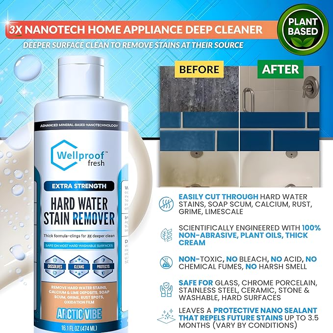 Wellproof Hard Water Stain, Soap Scum, Limescale, Calcium & Rust Remover for Home Appliances – 3X Nanotech Deep Cleaner – No Bleach, No Chemical Fumes – Safe for Family & Washable Hard Surfaces