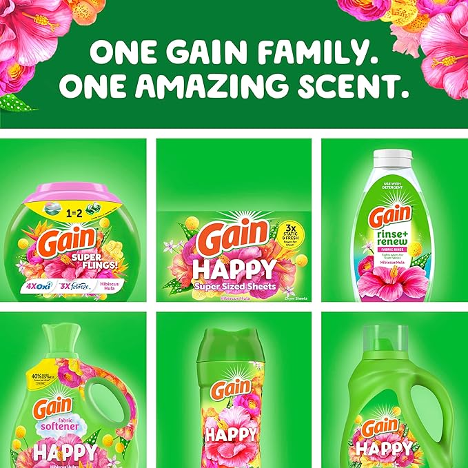 Gain Super Flings Laundry Detergent Pacs, 18 Count, Hibiscus Hula scent, irresistibly clean and fresh washing detergent laundry soap pacs (Pack of 4)