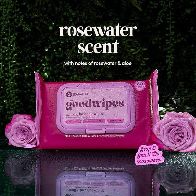 goodwipes Flushable Wipes - Rosewater Wet Wipes for Adults, Sewer & Septic Safe, Guest Bathroom Essentials for Women & Men, pH Balanced & Extra Large, 153 Count (3 Packs and 3 Singles)