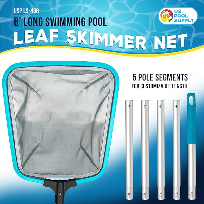 U.S. Pool Supply Swimming Pool 6-Foot Long Leaf Skimmer Net with 13" Aluminum Frame & Pole Sections - 5" Deep Ultra Fine Mesh Netting Bag Basket for Fast Cleaning of the Finest Debris, Clean Spas Pond