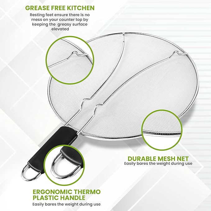 13" Grease Splatter Screen for Cooking | Stainless Steel Oil Splatter Guard and Ultra-Fine Mesh Protects Skin from Burns | TPR Tight-Grip Handle (Black)