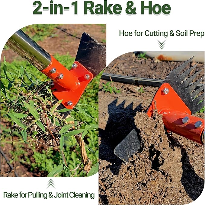 2-in-1 Garden Hoe and Weed Puller Rake, 60 Inch Adjustable Long Handle Weeding Tool Heavy Duty Spring Steel Head with Sand Texture Finish, Weed Remover for Garden, Yard, Lawn, Driveway