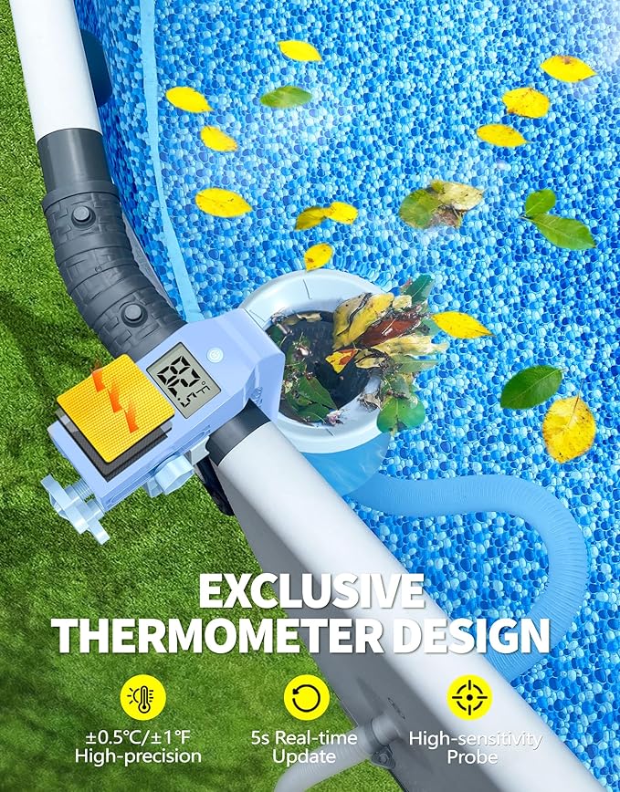 BluSwim Above Ground Pool Skimmer with Solar Digital Thermometer | Wall Mount Surface Skimmer - Auto Skimming Pool Floating Debris | 2 Upgraded Bracket - Stable & Height Adjustable - Purple