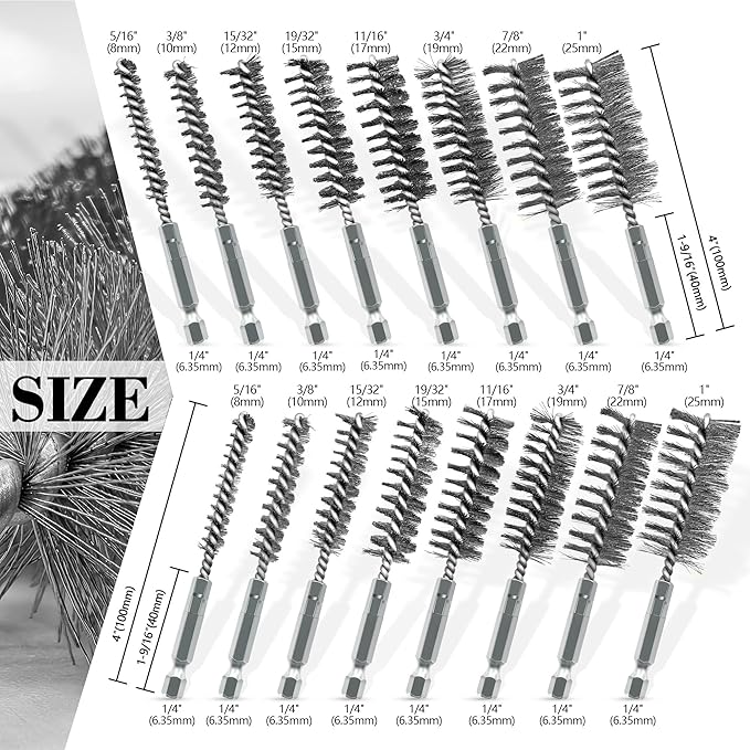 16-Piece Bore Brush Set - 304 Stainless Steel Drill Wire Bore Cleaning Brushes - 1/4" Hex Shank for Power Drills, Impact Drivers, Grinders (8/10/12/15/17/19/22/25mm)