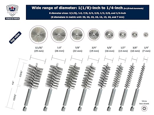 [8-Size] Bore Brush Set, Stainless-Steel Wire Cleaning Brushes for Power Drill, 1(1/8) to 1/4-inch Diameter in 1/8-in increments (29, 26, 22, 19, 16, 13, 10, 7 mm), with Rotation Direction on Tag