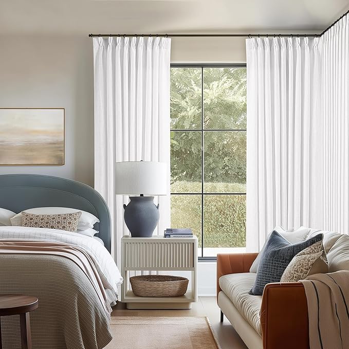 60 Inch Width Curtains 90 Inches Long Linen Curtains Pinch Pleated 90 Inch Length for Living Room Bedroom White Semi Sheer Back Tab Hooks Rings Pinch Pleat for Patio Glass Door 1 Panel