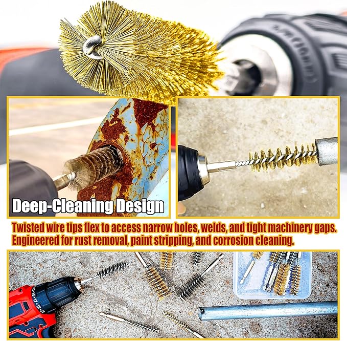 16-Piece Bore Brush Set - Brass Drill Wire Bore Cleaning Brushes - 1/4" Hex Shank for Power Drills, Impact Drivers, Grinders (8/10/12/15/17/19/22/25mm)