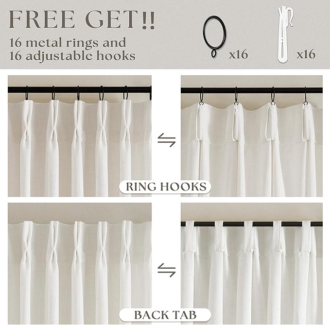 Natural Pinch Pleated Linen Curtains 78 Inches Long 2 Panels for Living Room Bedroom Memory Training Shaped Semi Sheer Pleat Drapes with Hooks Rings Light Filtering Window Curtain 40x78